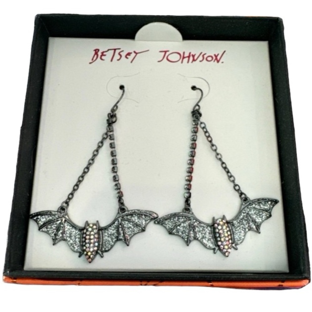 BETSEY JOHNSON Halloween Bat Dangle Earrings with Aurora Borealis Crystals NWT